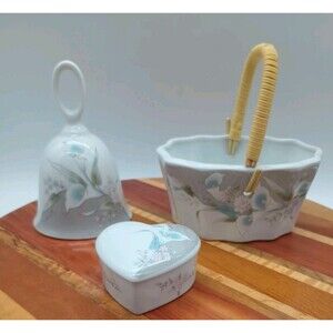 Russ Berrie Blue Calla Lilly Porcelain Bell Heart Trinket Jewelry Box Basket Set